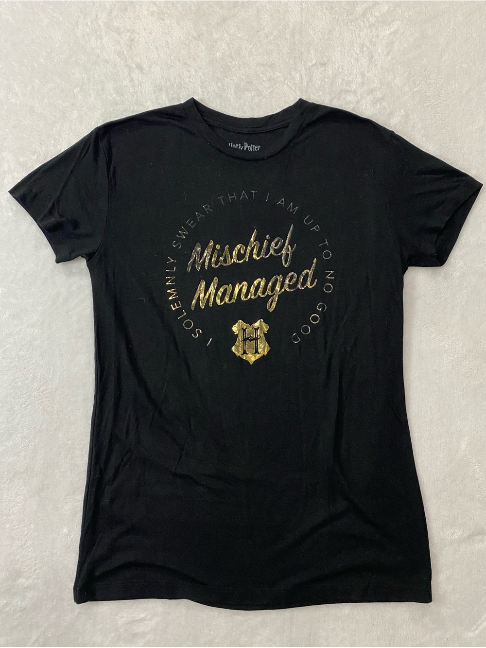 Harry Potter Black Tee with Gold "Mischief Managed" Script - (XS)
